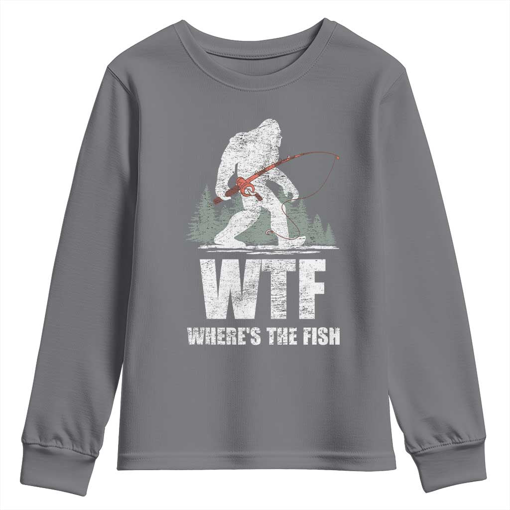 WTF Where's The Fish Youth Sweatshirt Funny Fishing Gifts Bigfoot Sasquatch TS10 Charcoal Print Your Wear