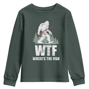 WTF Where's The Fish Youth Sweatshirt Funny Fishing Gifts Bigfoot Sasquatch TS10 Dark Forest Green Print Your Wear