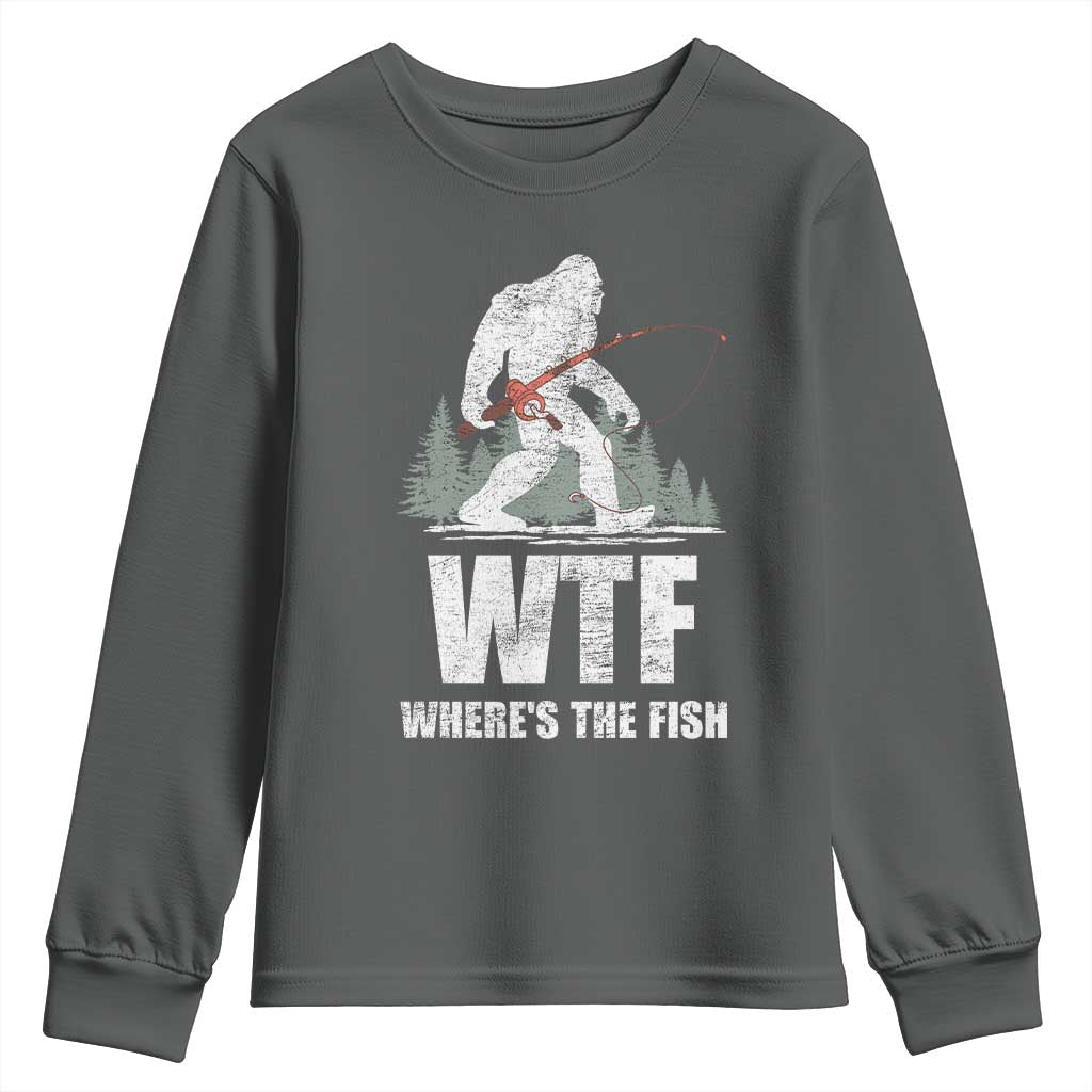 WTF Where's The Fish Youth Sweatshirt Funny Fishing Gifts Bigfoot Sasquatch TS10 Dark Heather Print Your Wear