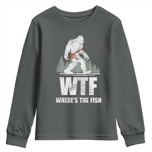 WTF Where's The Fish Youth Sweatshirt Funny Fishing Gifts Bigfoot Sasquatch TS10 Dark Heather Print Your Wear