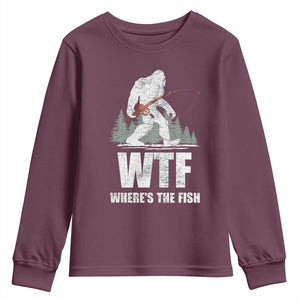WTF Where's The Fish Youth Sweatshirt Funny Fishing Gifts Bigfoot Sasquatch TS10 Maroon Print Your Wear