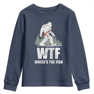 WTF Where's The Fish Youth Sweatshirt Funny Fishing Gifts Bigfoot Sasquatch TS10 Navy Print Your Wear