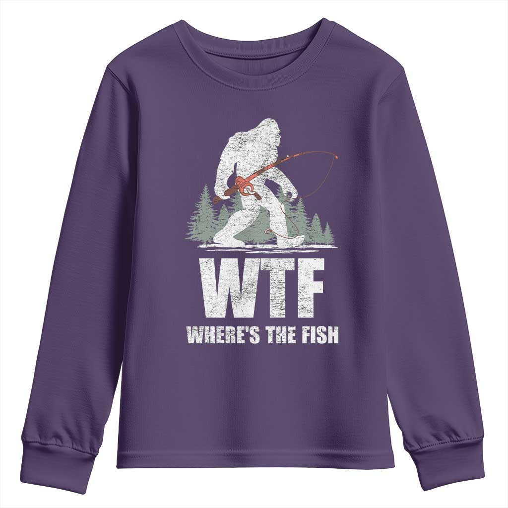 WTF Where's The Fish Youth Sweatshirt Funny Fishing Gifts Bigfoot Sasquatch TS10 Purple Print Your Wear