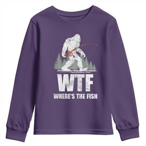 WTF Where's The Fish Youth Sweatshirt Funny Fishing Gifts Bigfoot Sasquatch TS10 Purple Print Your Wear