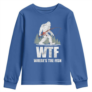 WTF Where's The Fish Youth Sweatshirt Funny Fishing Gifts Bigfoot Sasquatch TS10 Royal Blue Print Your Wear