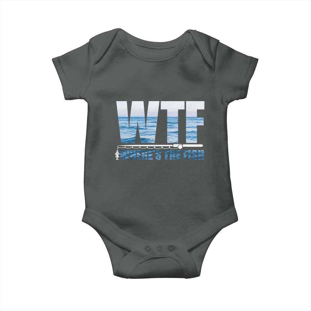 WTF Where's The Fish Baby Onesie Funny Fishing Gifts Fathers Day TS10 Dark Heather Print Your Wear