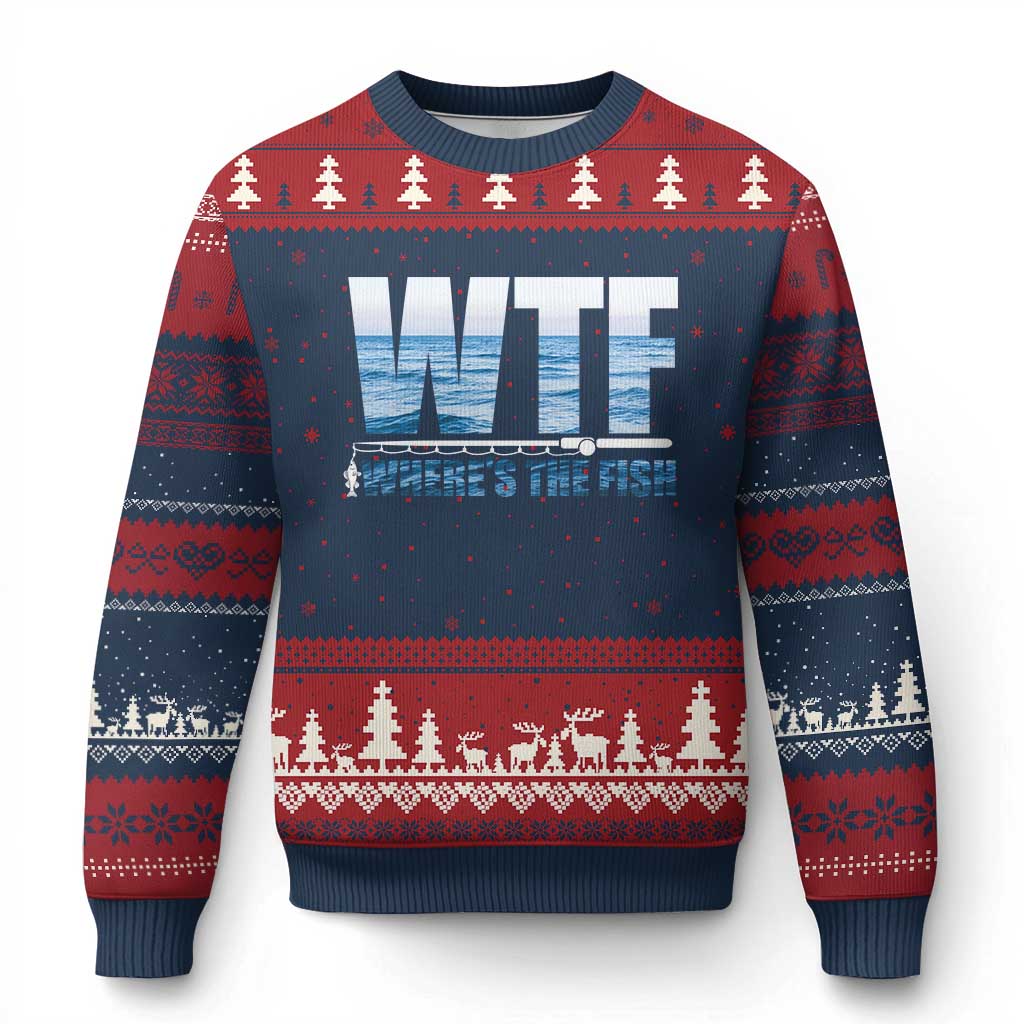 WTF Where's The Fish Ugly Christmas Sweater Funny Fishing Gifts Fathers Day TS10 Navy Red Print Your Wear