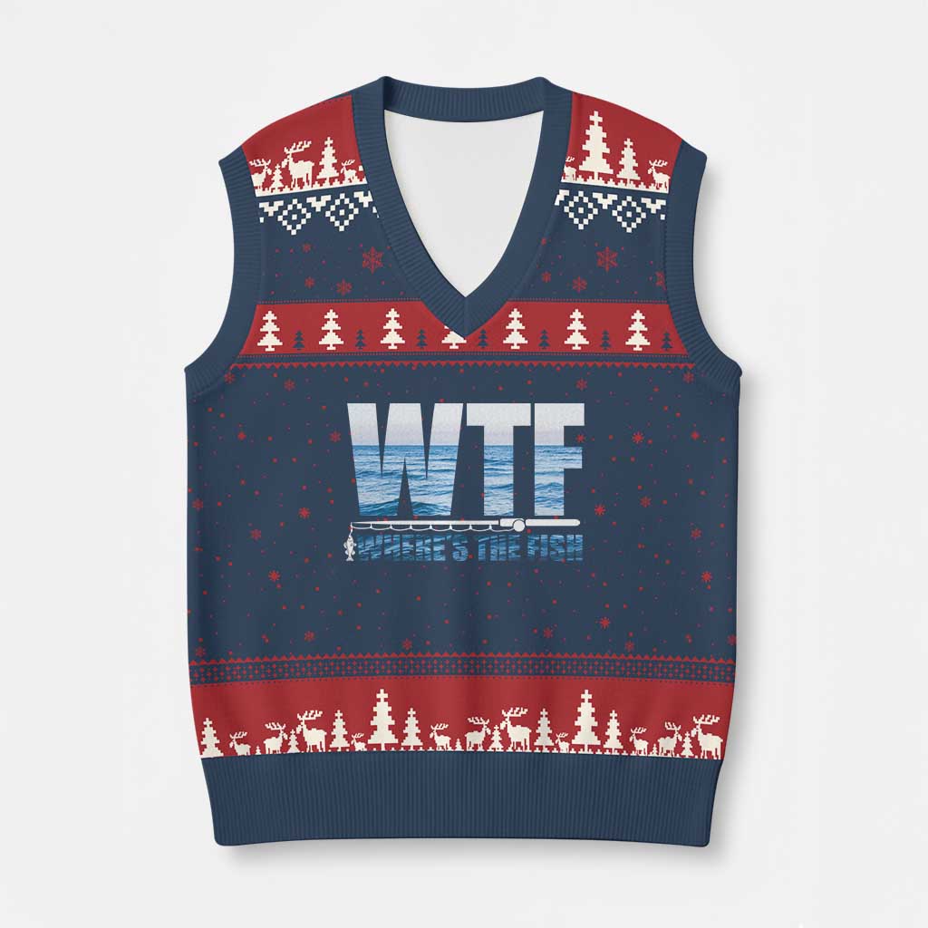 WTF Where's The Fish V-Neck Knit Sweater Vest Funny Fishing Gifts Fathers Day TS10 Navy Red Print Your Wear