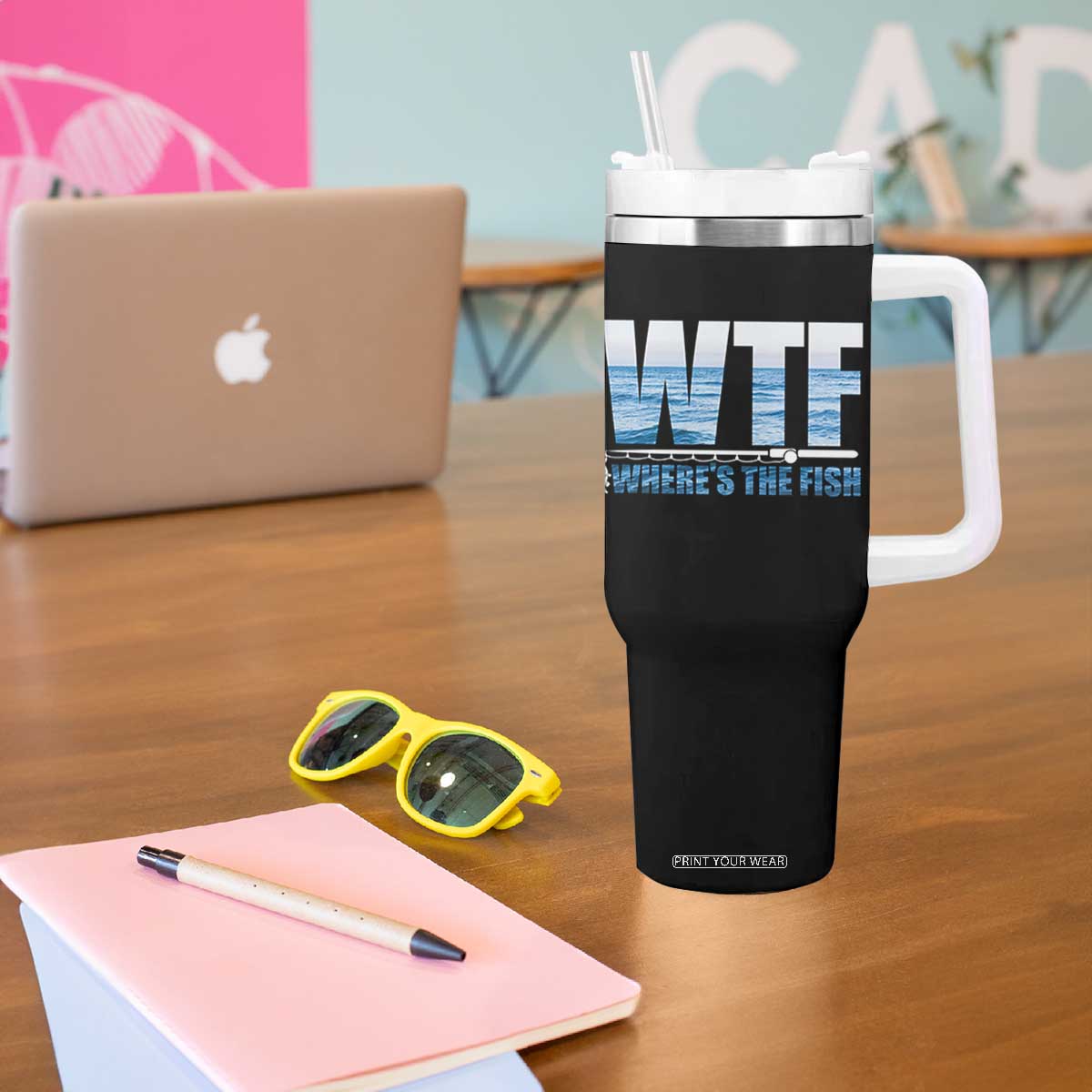 WTF Where's The Fish Tumbler With Handle Funny Fishing Gifts Fathers Day TS10 Print Your Wear
