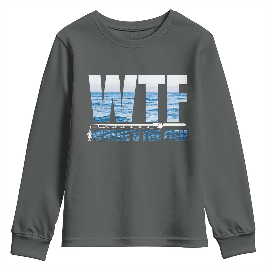 WTF Where's The Fish Youth Sweatshirt Funny Fishing Gifts Fathers Day TS10 Dark Heather Print Your Wear
