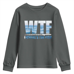WTF Where's The Fish Youth Sweatshirt Funny Fishing Gifts Fathers Day TS10 Dark Heather Print Your Wear