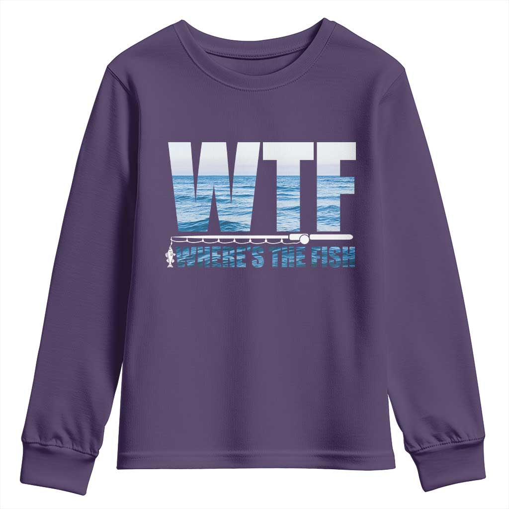 WTF Where's The Fish Youth Sweatshirt Funny Fishing Gifts Fathers Day TS10 Purple Print Your Wear
