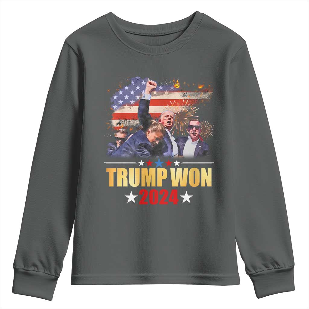 Trump Won 2024 Youth Sweatshirt President 45 47th Second Term US Flag TS10 Dark Heather Print Your Wear