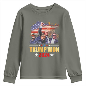Trump Won 2024 Youth Sweatshirt President 45 47th Second Term US Flag TS10 Military Green Print Your Wear