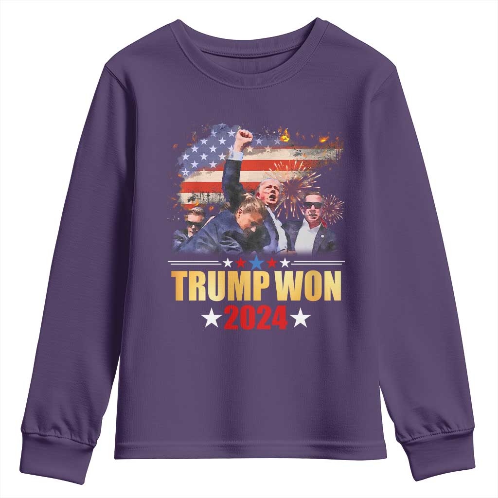 Trump Won 2024 Youth Sweatshirt President 45 47th Second Term US Flag TS10 Purple Print Your Wear