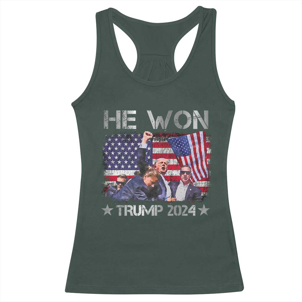 Trump Won 2024 Racerback Tank Top He Won President 47th American Flag TS10 Dark Forest Green Print Your Wear