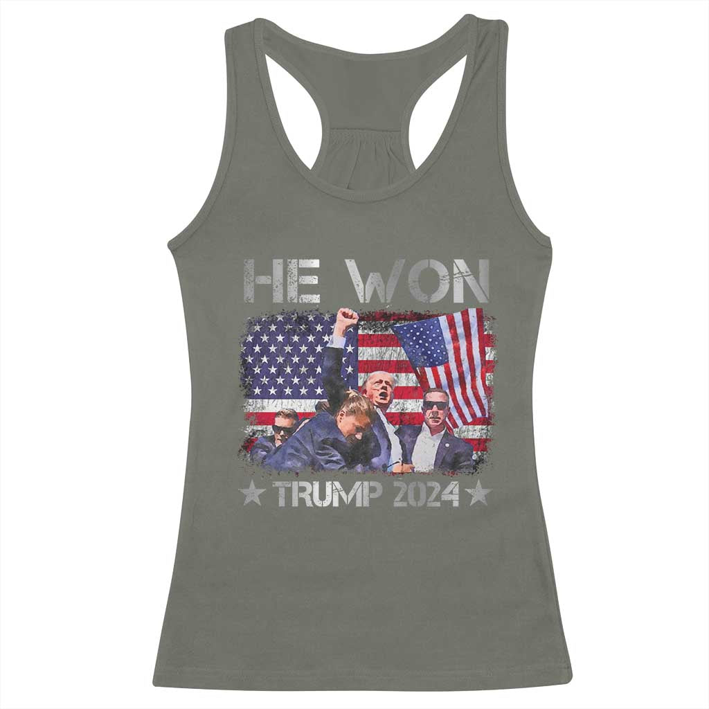 Trump Won 2024 Racerback Tank Top He Won President 47th American Flag TS10 Military Green Print Your Wear