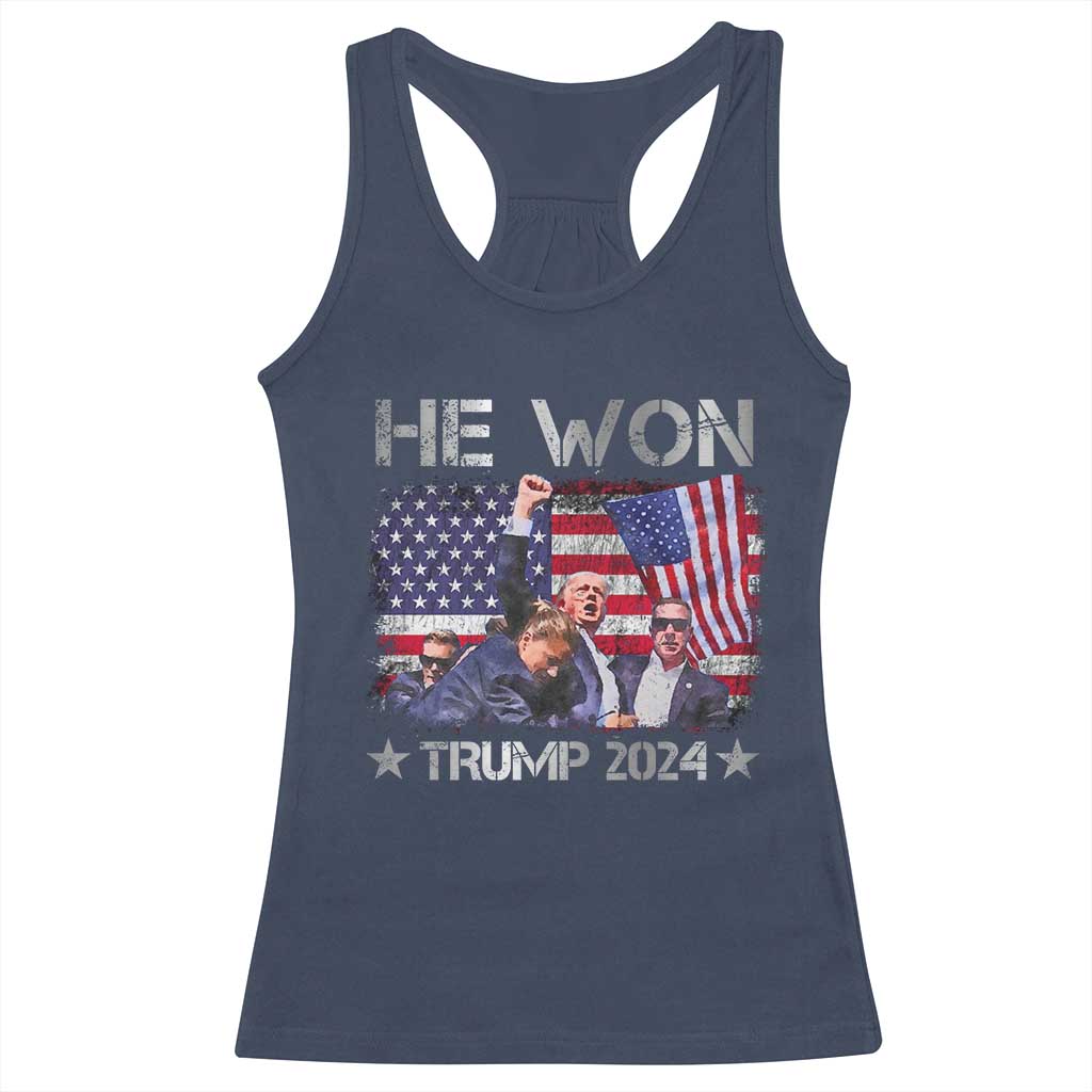 Trump Won 2024 Racerback Tank Top He Won President 47th American Flag TS10 Navy Print Your Wear