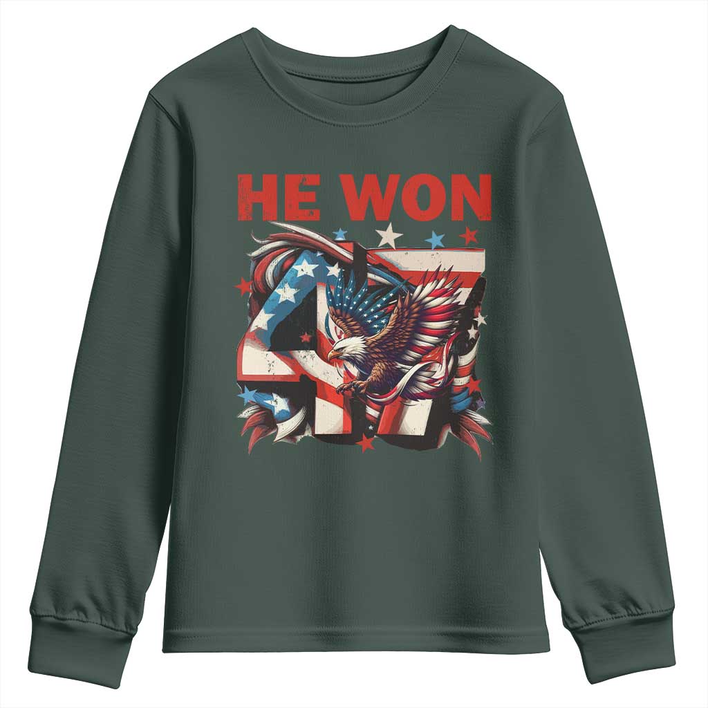 Trump Won Youth Sweatshirt 47 President 2024 US Election Eagle American Flag TS10 Dark Forest Green Print Your Wear