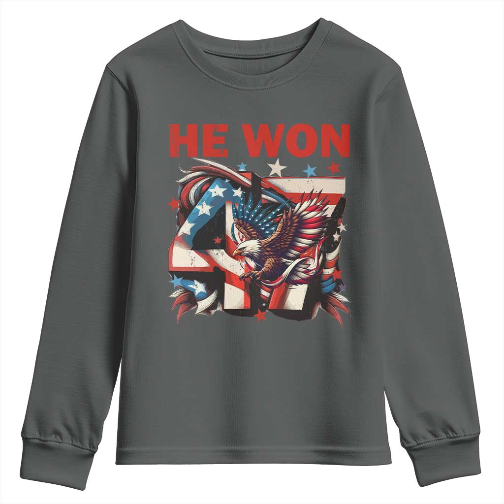 Trump Won Youth Sweatshirt 47 President 2024 US Election Eagle American Flag TS10 Dark Heather Print Your Wear