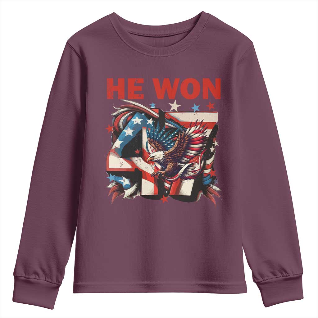 Trump Won Youth Sweatshirt 47 President 2024 US Election Eagle American Flag TS10 Maroon Print Your Wear