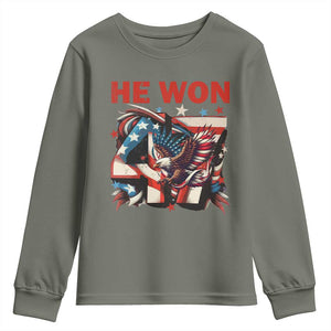Trump Won Youth Sweatshirt 47 President 2024 US Election Eagle American Flag TS10 Military Green Print Your Wear