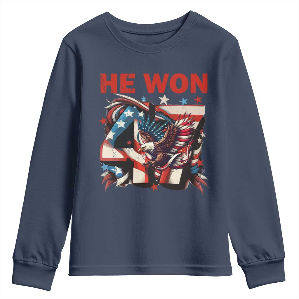 Trump Won Youth Sweatshirt 47 President 2024 US Election Eagle American Flag TS10 Navy Print Your Wear