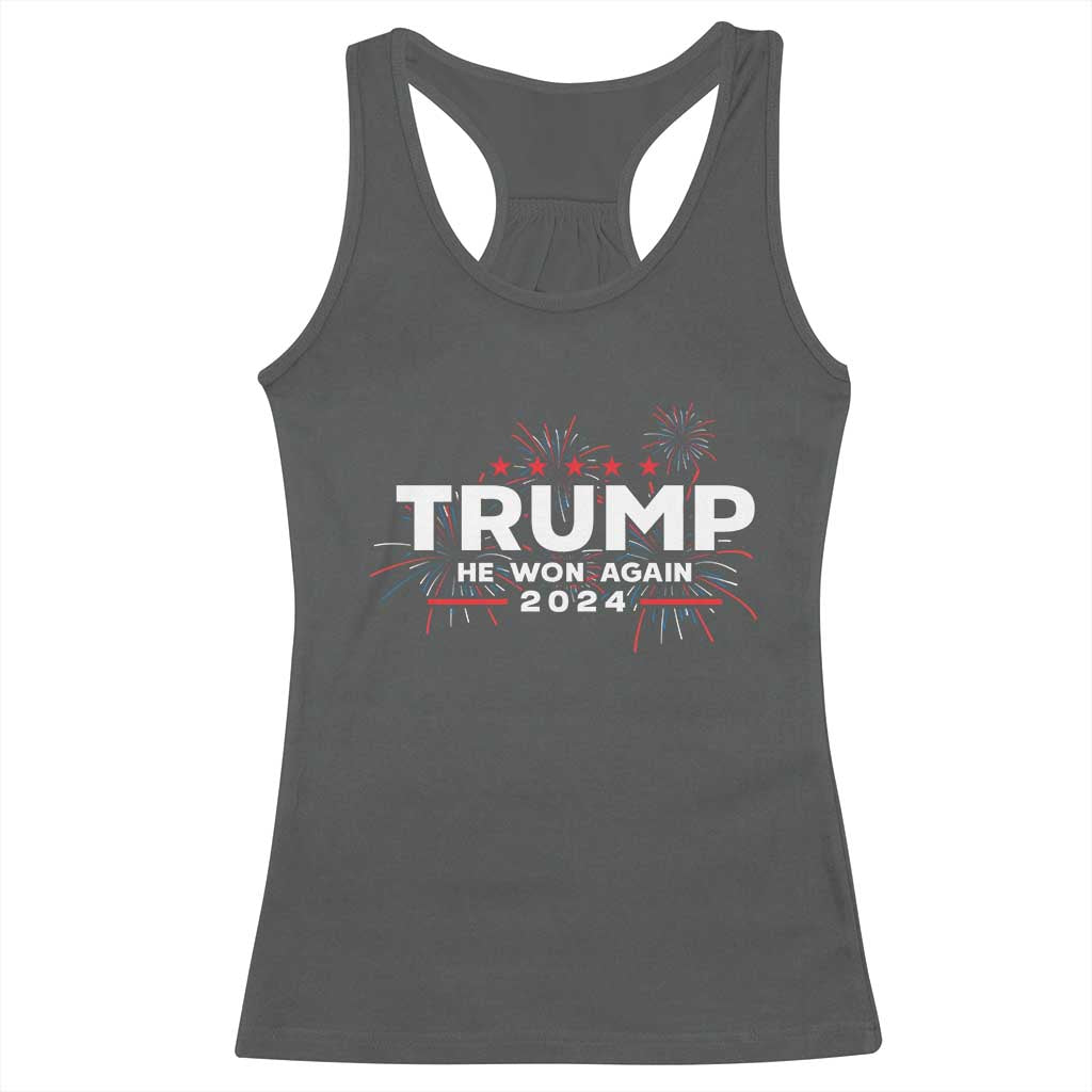 Trump 2024 Racerback Tank Top He Won Again TS10 Dark Heather Print Your Wear
