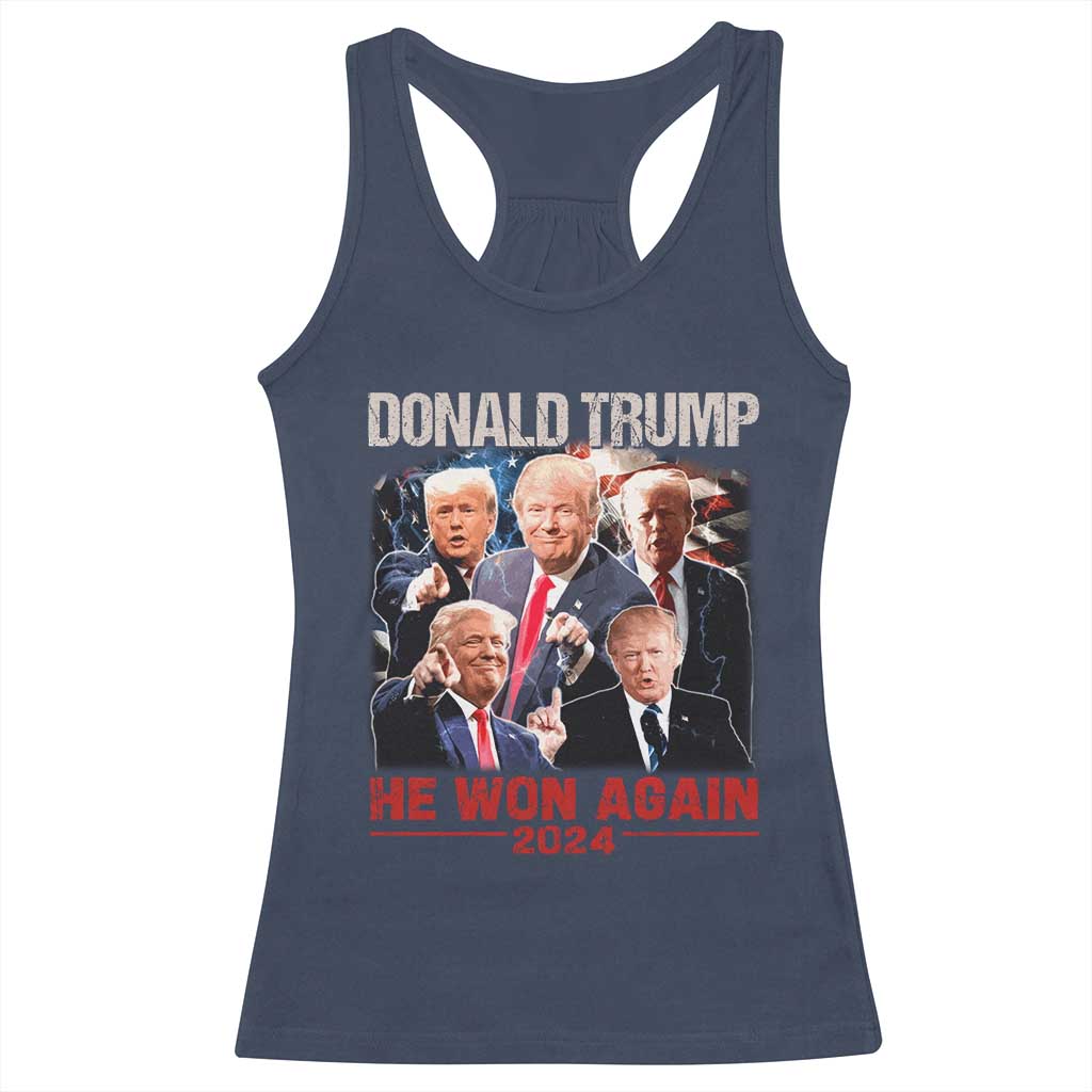 Donald Trump 2024 Racerback Tank Top He Won Again Retro 90s Flag TS10 Navy Print Your Wear