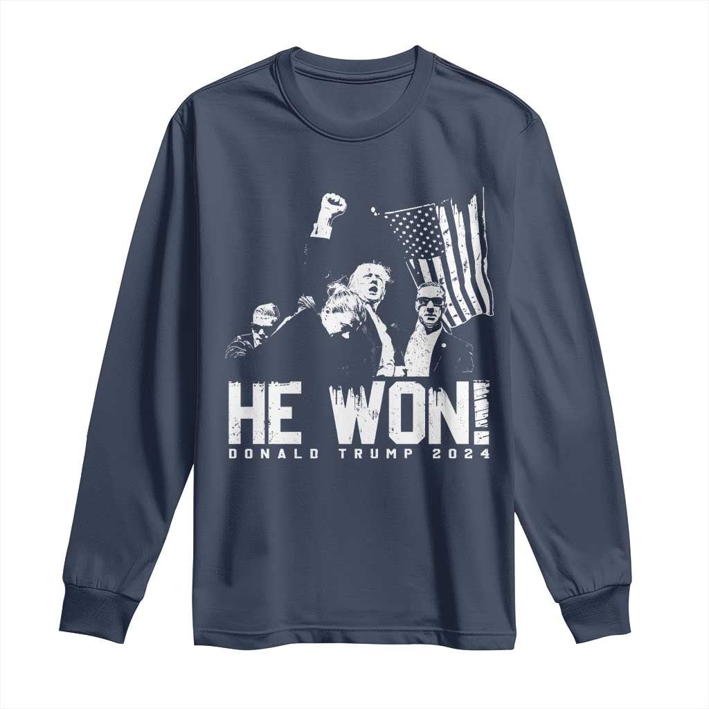 Donald Trump Won 2024 Long Sleeve Shirt He Won Fear Not American Hero Fight Fight Fight TS10 Navy Print Your Wear