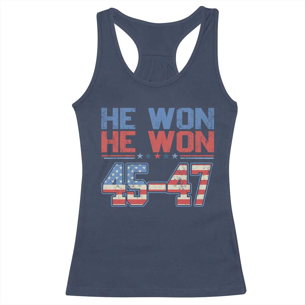 Trump 2024 Racerback Tank Top He Won Retro 45 47 Vintage American Flag TS10 Navy Print Your Wear