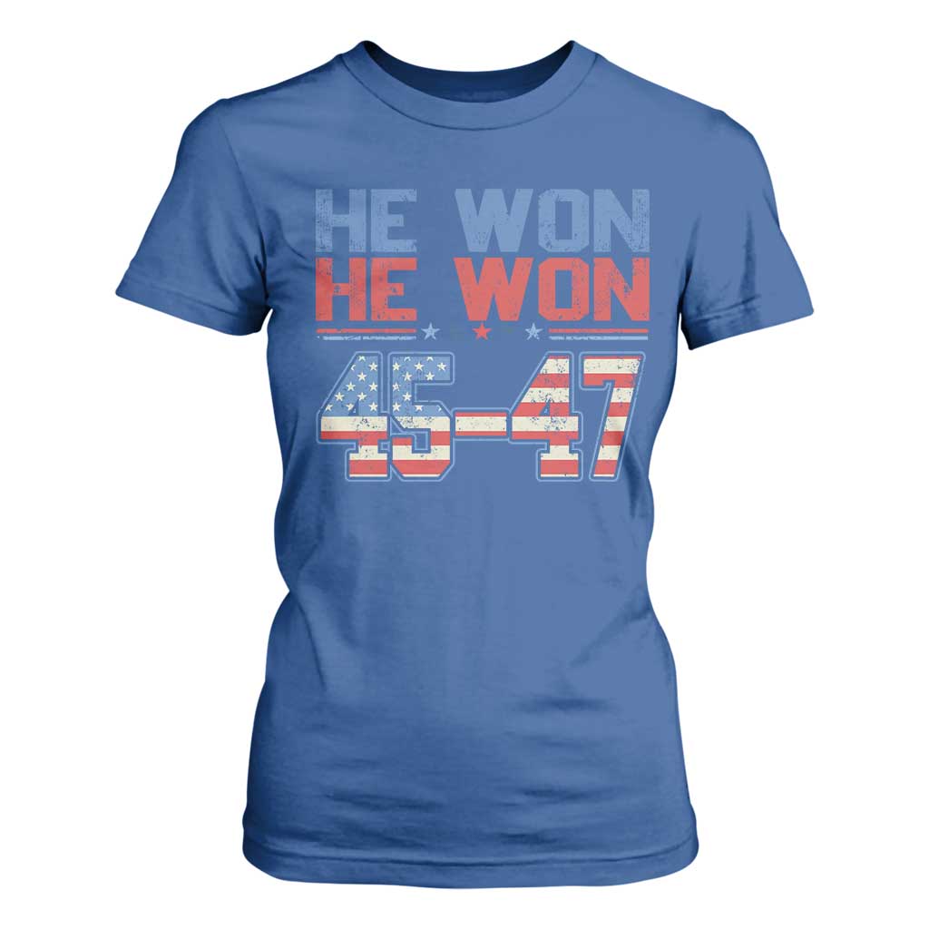 Trump 2024 T Shirt For Women He Won Retro 45 47 Vintage American Flag TS10 Royal Blue Print Your Wear