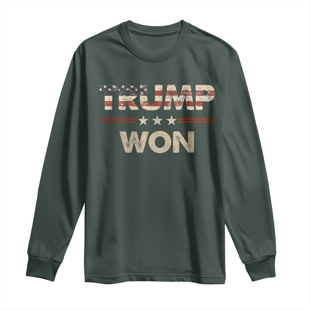 Trump Won 2024 Long Sleeve Shirt Retro 45 47 Vintage American Flag TS10 Dark Forest Green Print Your Wear