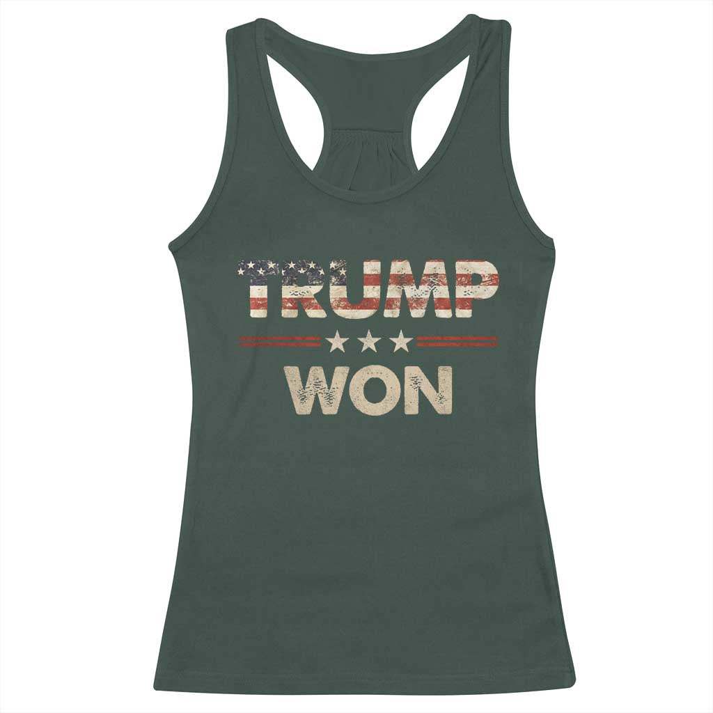 Trump Won 2024 Racerback Tank Top Retro 45 47 Vintage American Flag TS10 Dark Forest Green Print Your Wear