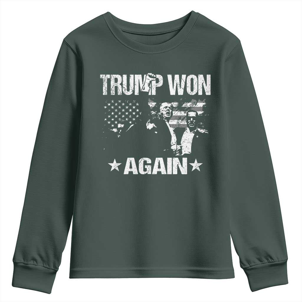 Trump Won 2024 Youth Sweatshirt Donald Trump Won Again 45 47 President 2024 US Election TS10 Dark Forest Green Print Your Wear