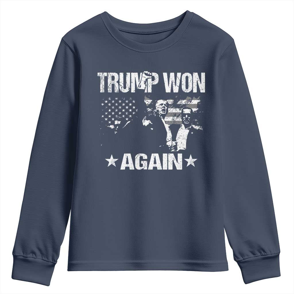 Trump Won 2024 Youth Sweatshirt Donald Trump Won Again 45 47 President 2024 US Election TS10 Navy Print Your Wear