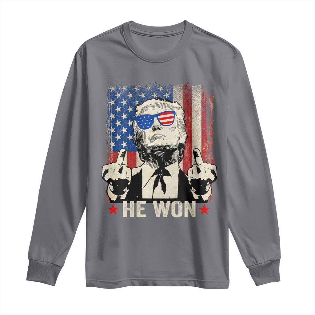 Trump Won 2024 Long Sleeve Shirt Middle Finger 45 47Th President Usa Flag TS10 Charcoal Print Your Wear