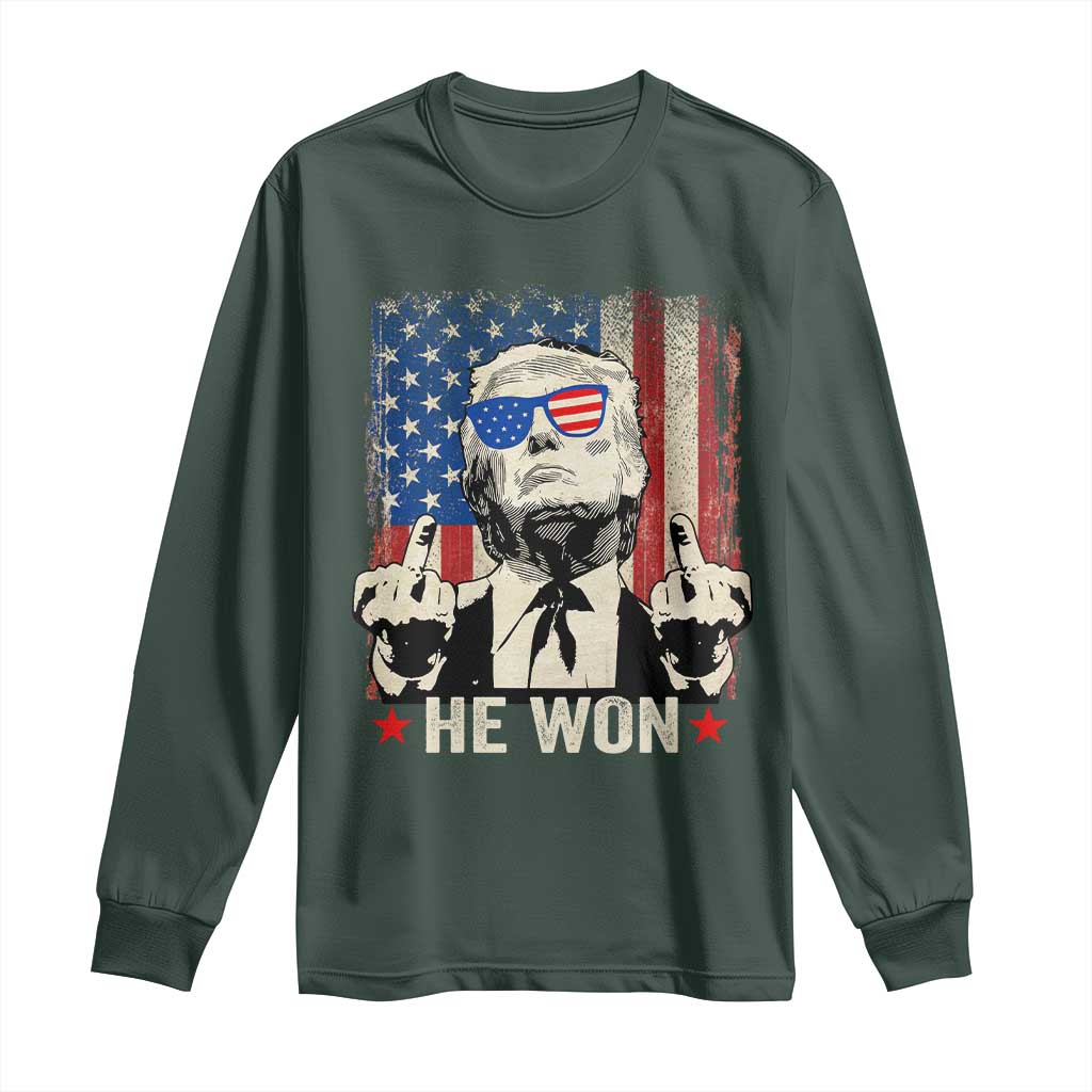 Trump Won 2024 Long Sleeve Shirt Middle Finger 45 47Th President Usa Flag TS10 Dark Forest Green Print Your Wear
