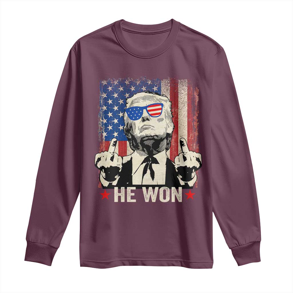 Trump Won 2024 Long Sleeve Shirt Middle Finger 45 47Th President Usa Flag TS10 Maroon Print Your Wear