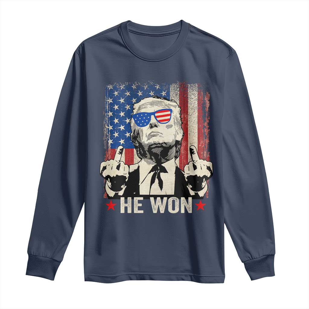 Trump Won 2024 Long Sleeve Shirt Middle Finger 45 47Th President Usa Flag TS10 Navy Print Your Wear