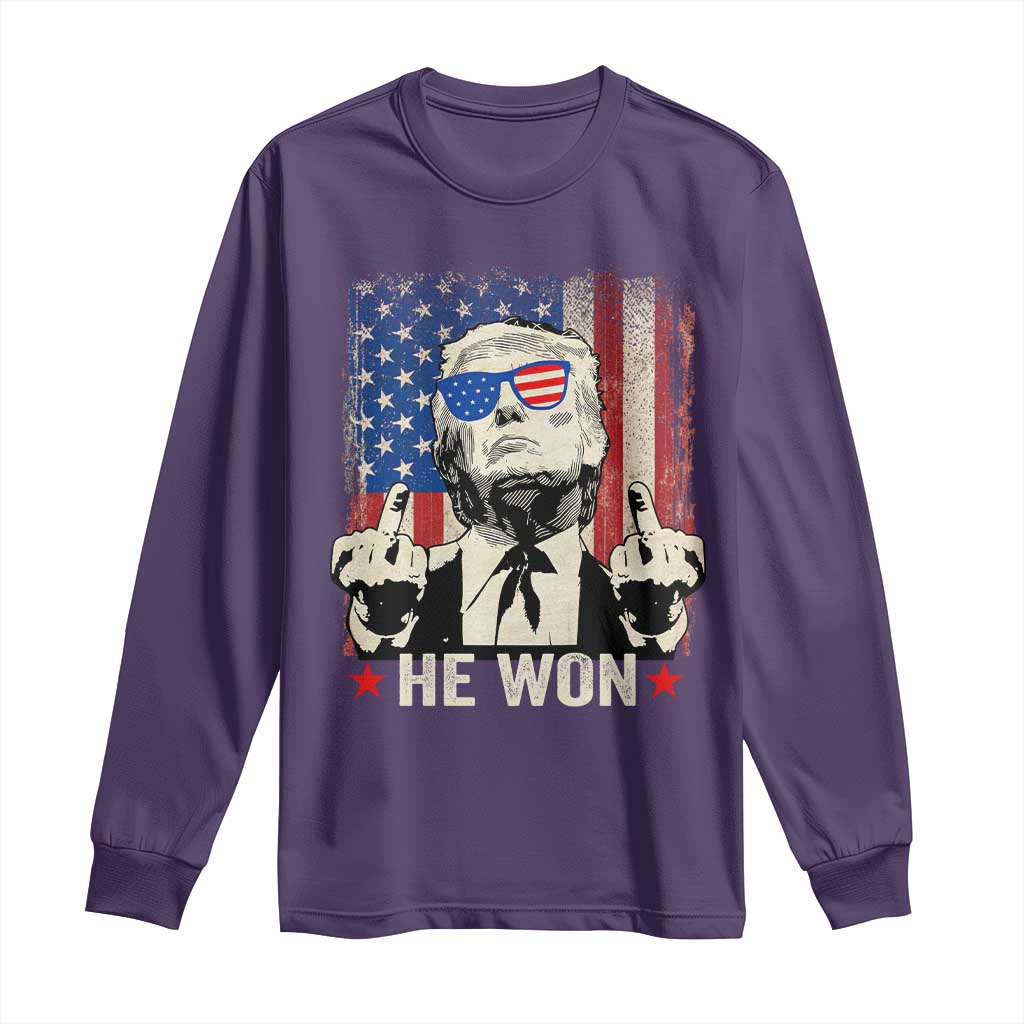 Trump Won 2024 Long Sleeve Shirt Middle Finger 45 47Th President Usa Flag TS10 Purple Print Your Wear
