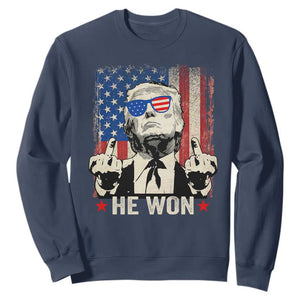 Trump Won 2024 Sweatshirt Middle Finger 45 47Th President Usa Flag TS10 Navy Print Your Wear