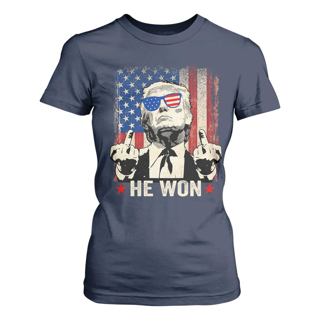 Trump Won 2024 T Shirt For Women Middle Finger 45 47Th President Usa Flag TS10 Navy Print Your Wear