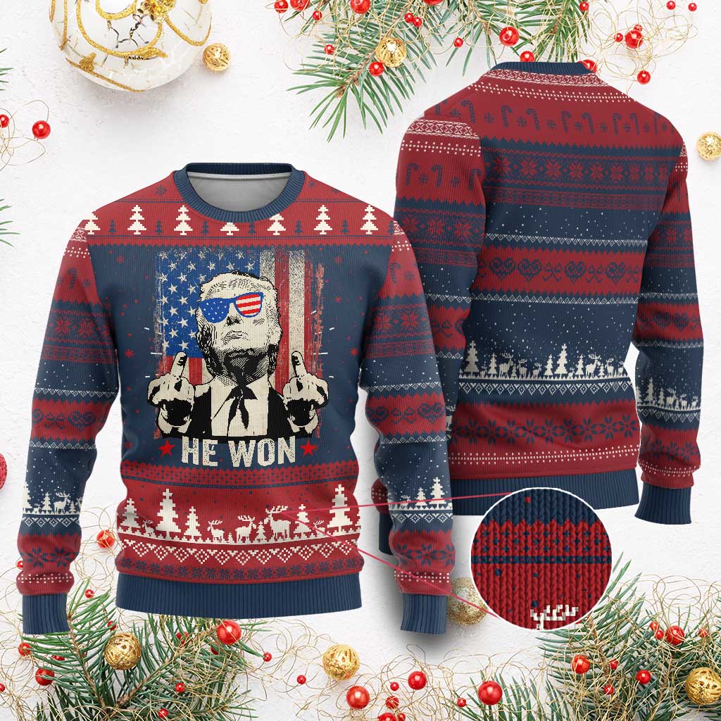 Trump Won 2024 Ugly Christmas Sweater Middle Finger 45 47Th President Usa Flag TS10 Burgundy Print Your Wear