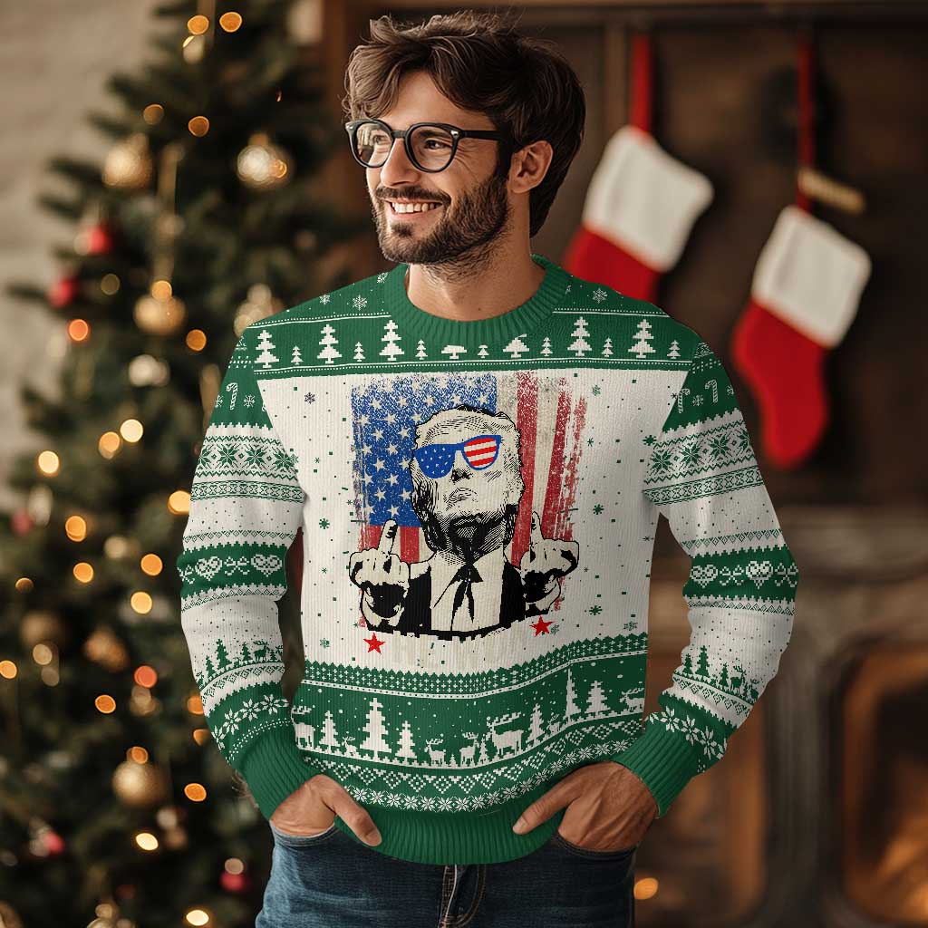 Trump Won 2024 Ugly Christmas Sweater Middle Finger 45 47Th President Usa Flag TS10 Green Print Your Wear