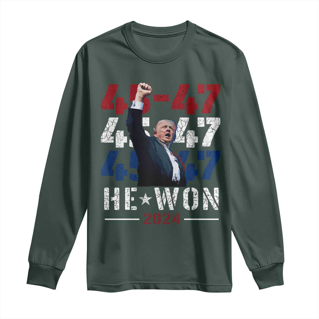 Trump Won 2024 Long Sleeve Shirt President 47th 45 47 Trump Wins TS10 Dark Forest Green Print Your Wear