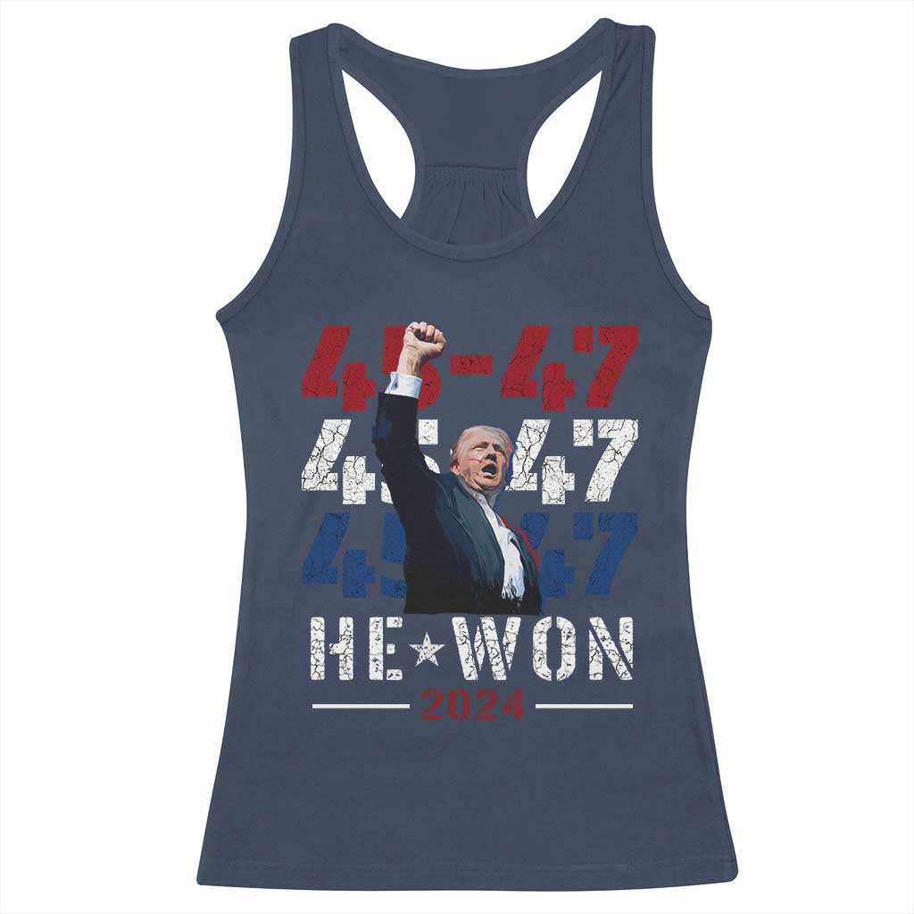 Trump Won 2024 Racerback Tank Top President 47th 45 47 Trump Wins TS10 Navy Print Your Wear