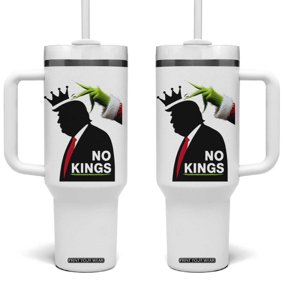 Funny Christmas No Kings in America Tumbler With Handle TS10 One Size: 40 oz White Print Your Wear