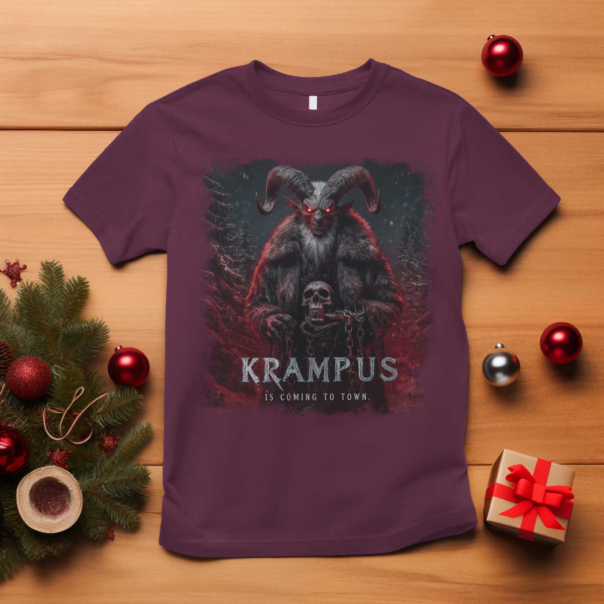Krampus Is Coming To Town T Shirt Gothic Dark Xmas Gift Horror Holiday TS10 Maroon Print Your Wear