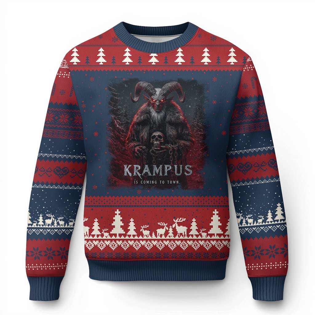 Krampus Is Coming To Town Ugly Christmas Sweater Gothic Dark Xmas Gift Horror Holiday TS10 Navy Red Print Your Wear